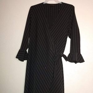 Pinstripe Wrap Dress with Bell Cuff